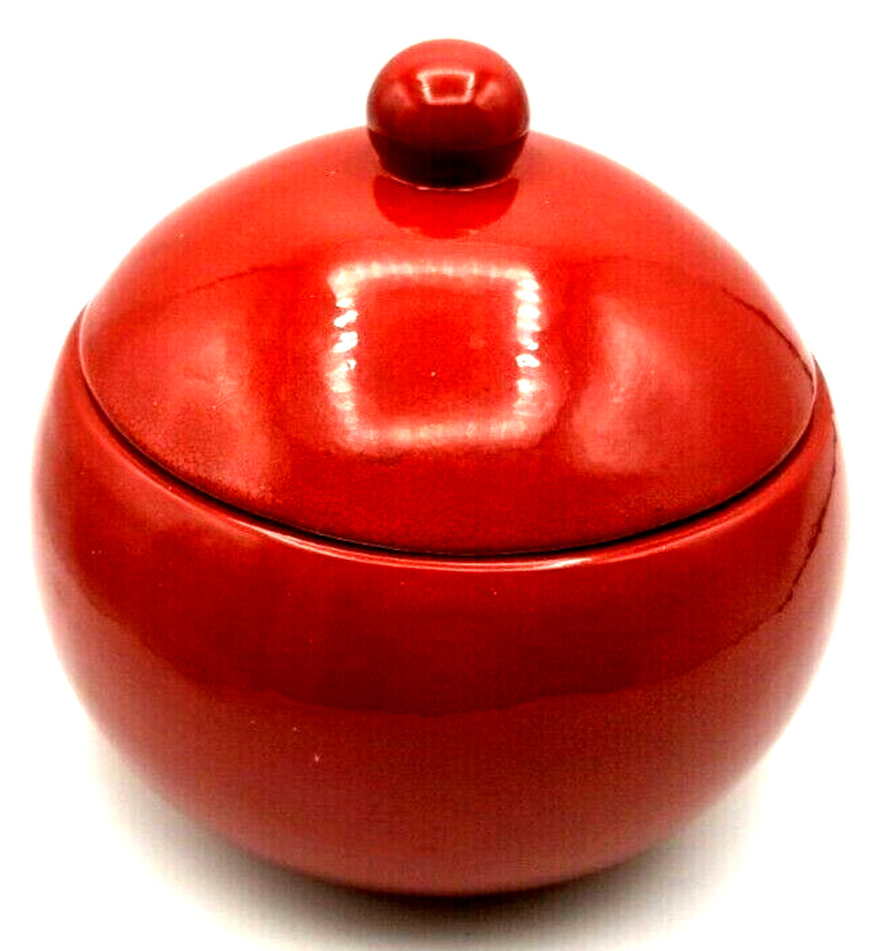 Red Art Pottery Bowl w/Lid 7" Made in Portugal Beautiful Tomato Red Inside & Out